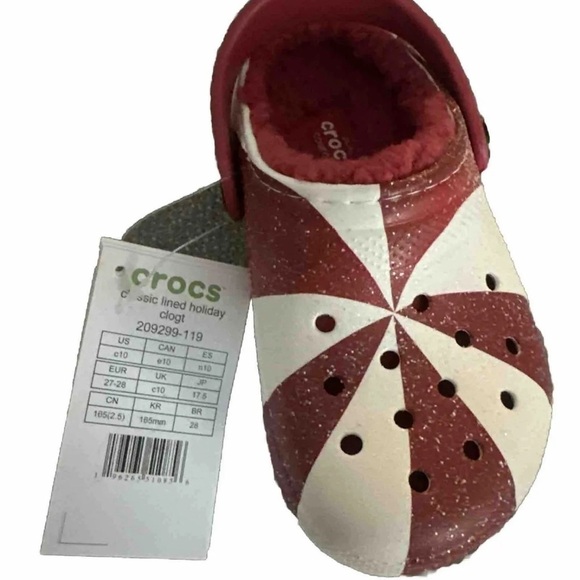 Candy Cane Lined Holiday Crocs Red & White Classic Clog NEW Toddler/Child Sz 10 - Picture 2 of 5